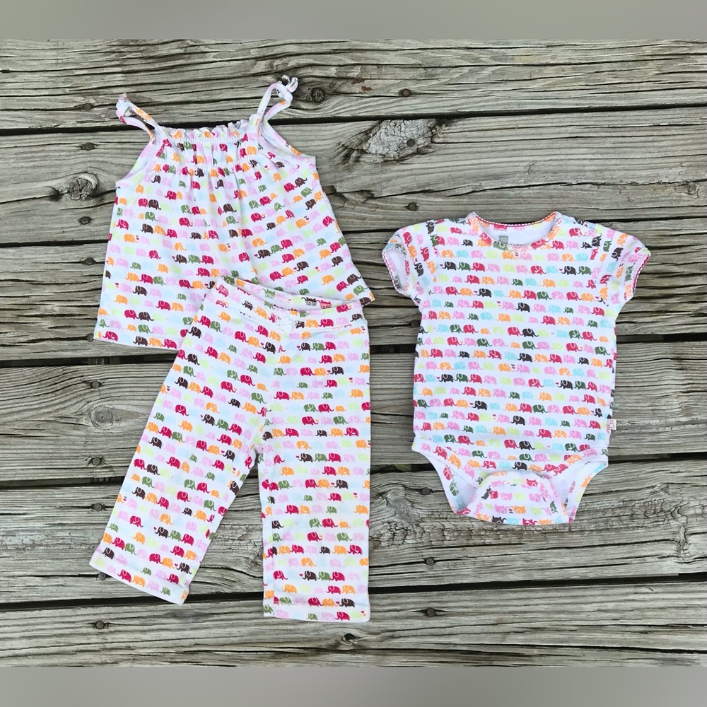 12-18m Baby Girl GAP 3Pc Elephant Print Matching Tunic Top Pants Bodysuit Outfit